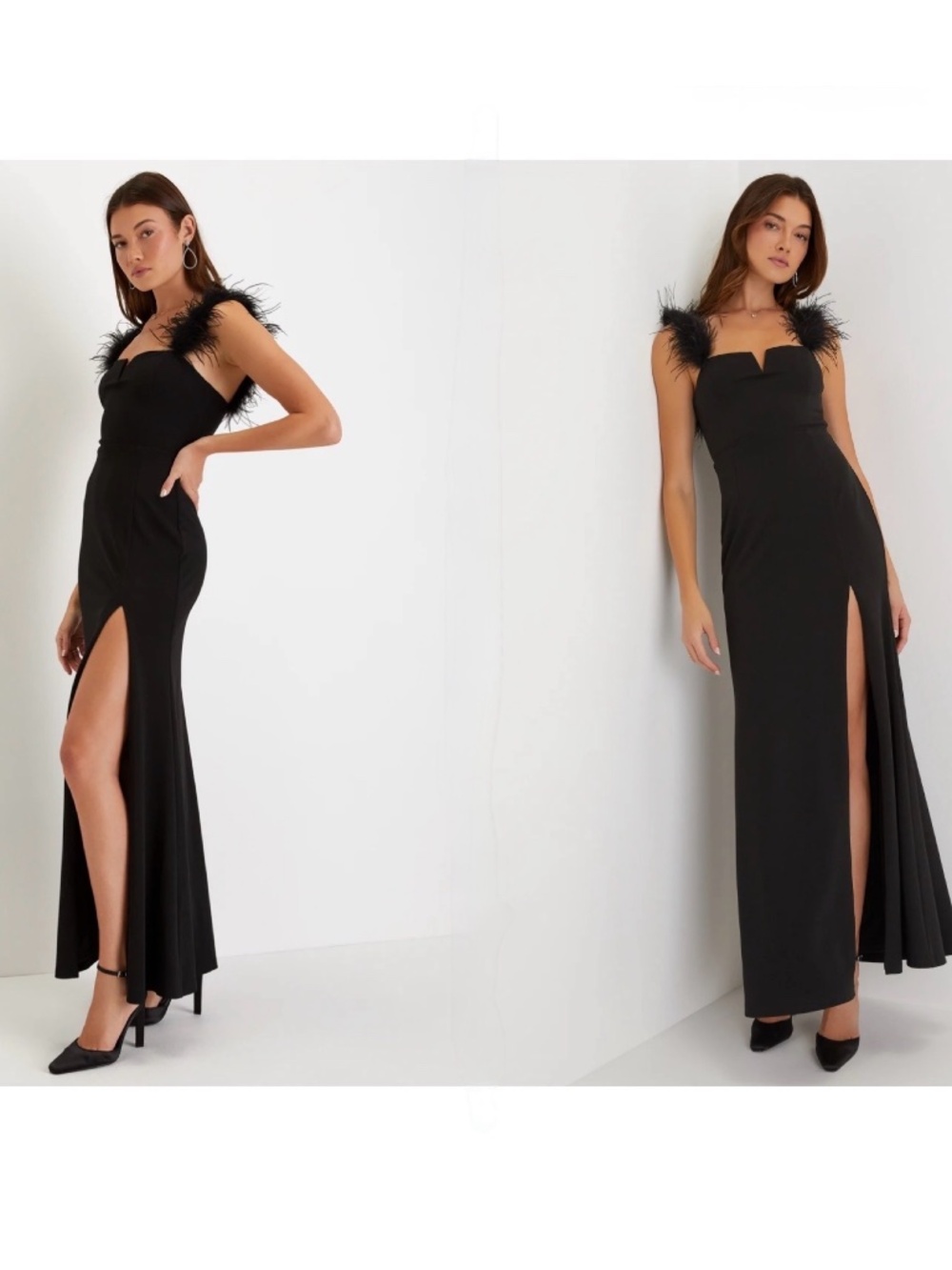 NWOT Lulus Glamorous Impression Black Feather Strap Mermaid Maxi M